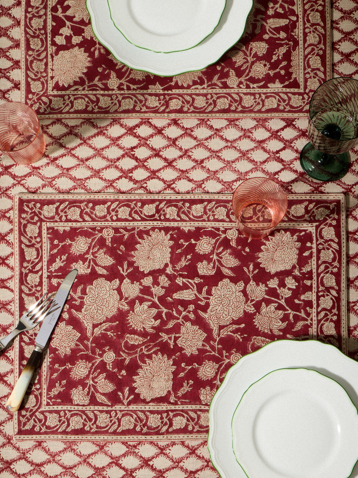 Chamois - | Set of 4 | Indian Rose Block-Printed Linen Placemats - Red - ABASK