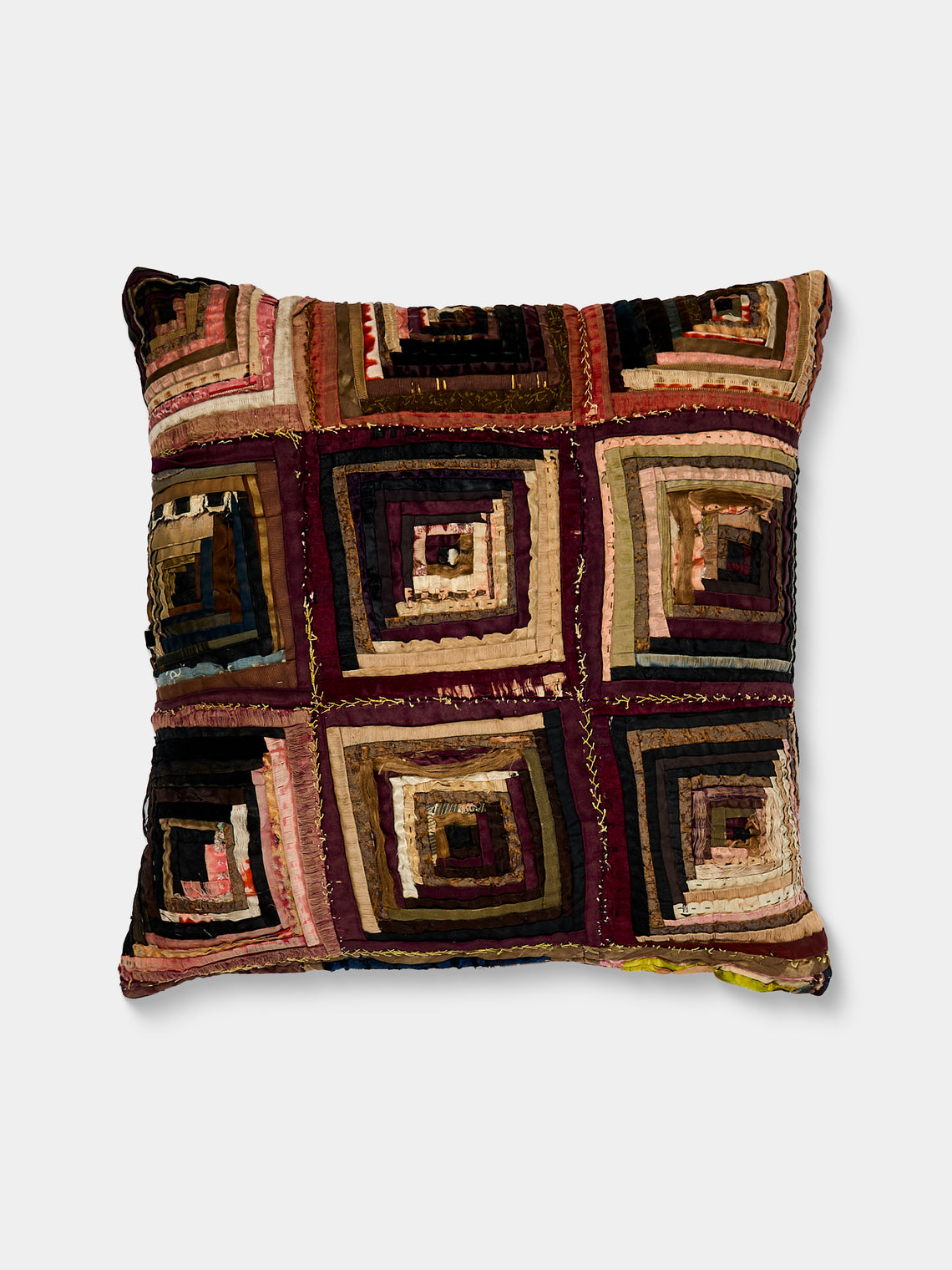 By Walid - 19th-Century Log Cabin Patchwork Linen and Damask Pillow (17.5in/45cm) - Multiple - ABASK - 
