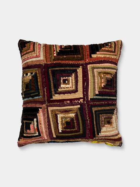 By Walid - 19th-Century Log Cabin Patchwork Linen and Damask Pillow (17.5in/45cm) - Multiple - ABASK - 