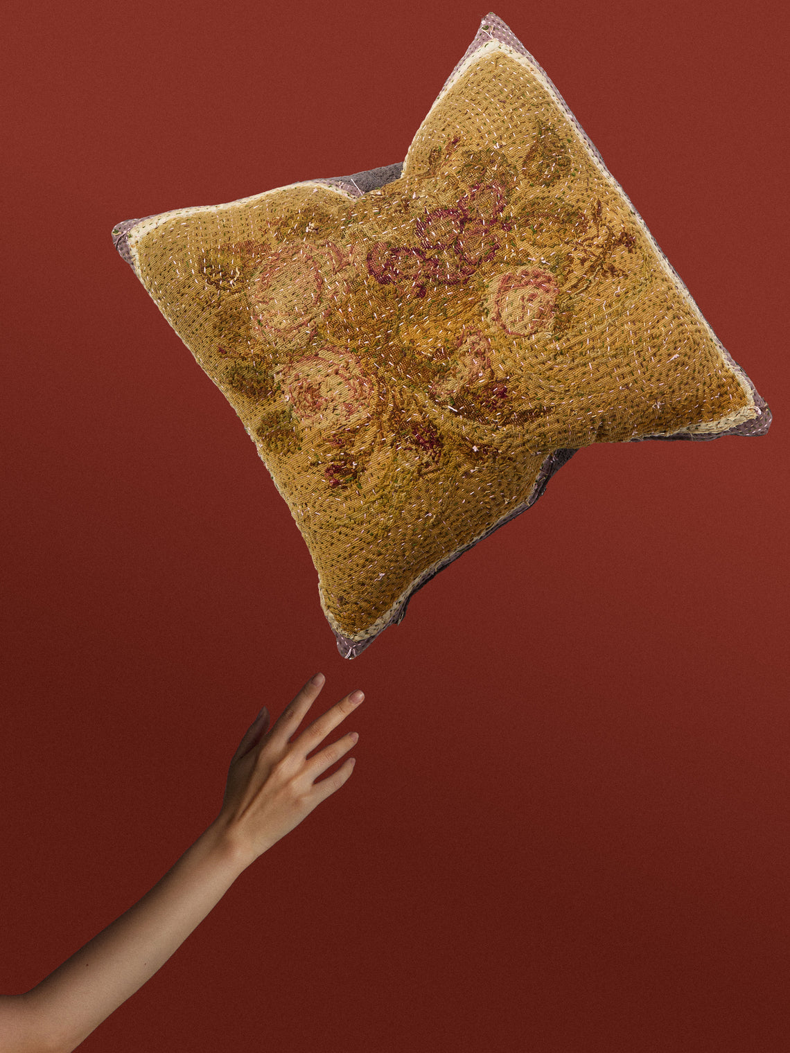 By Walid - 19th-Century Needlepoint Wool, Lace and Damask Cushion (32.5in/83cm) - Yellow - ABASK