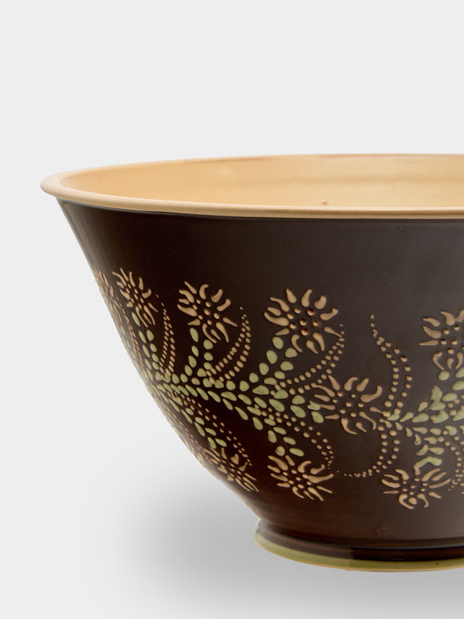 Poterie d’Évires - Flowers Hand-Painted Ceramic Large Salad Bowl - Dark brown - ABASK