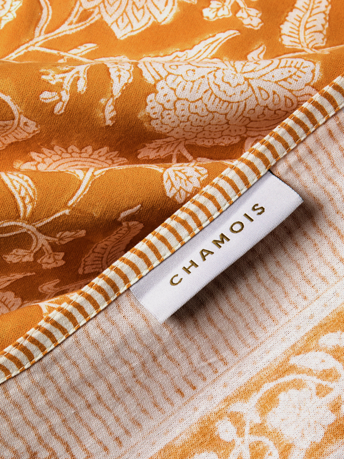 Chamois - Indian Rose Block-Printed Cotton Rectangular Tablecloth (138in/3.5m) - Orange - ABASK