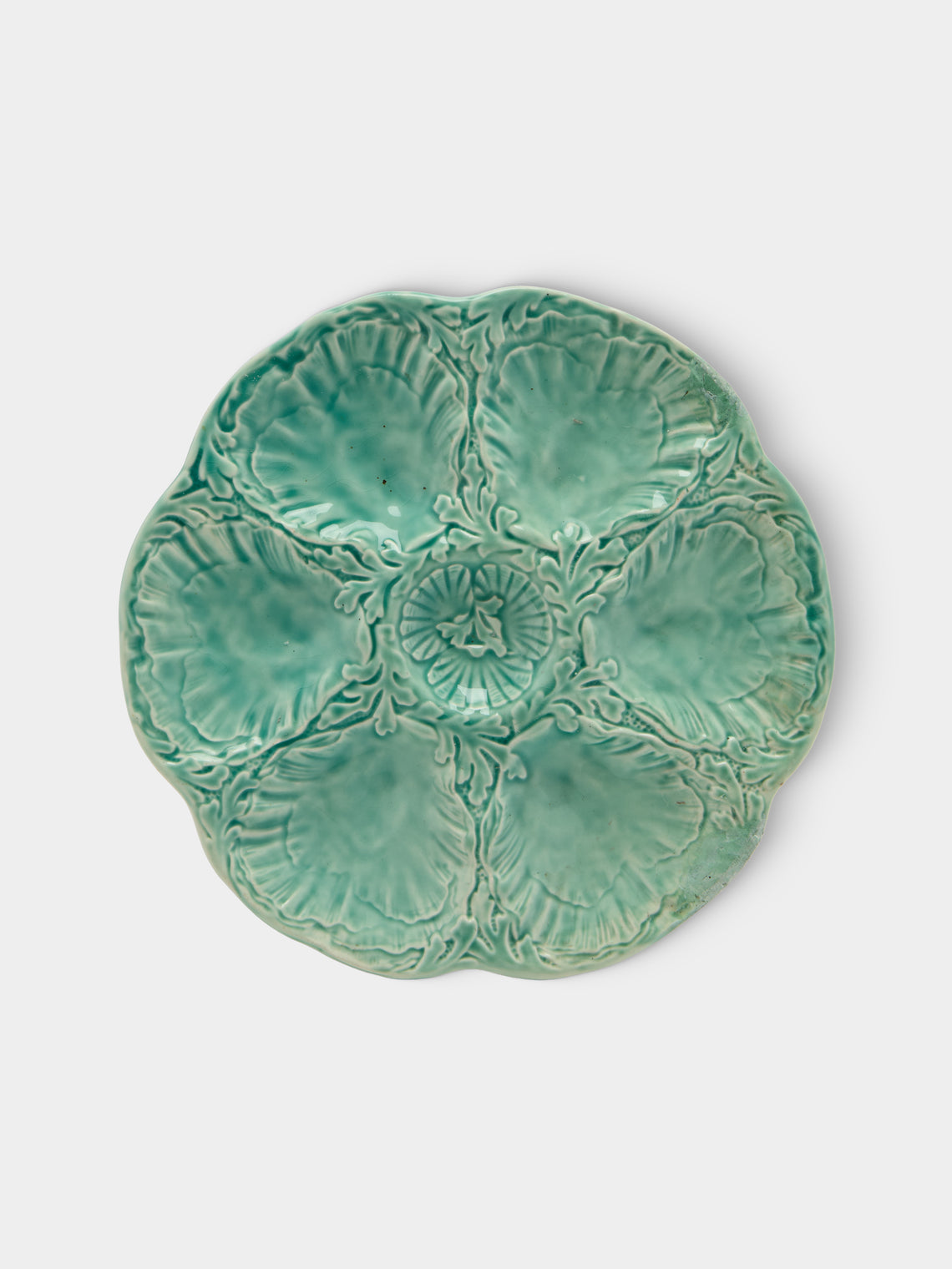 Antique and Vintage - Mid-Century Cabbage Majolica Ceramic Oyster Plates – 9.5in/24cm (Set of 10) - Green - ABASK