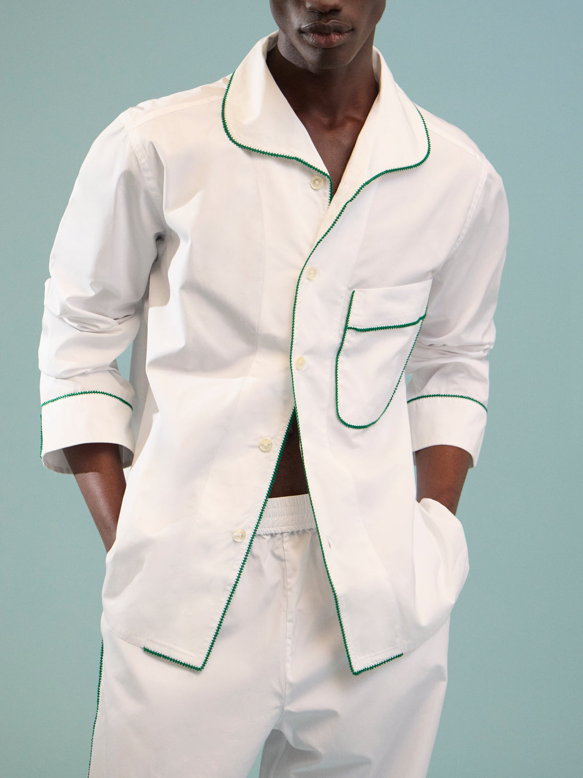 Sebline - Stitch Hand-Embroidered Cotton Pajama Shirt - White - ABASK