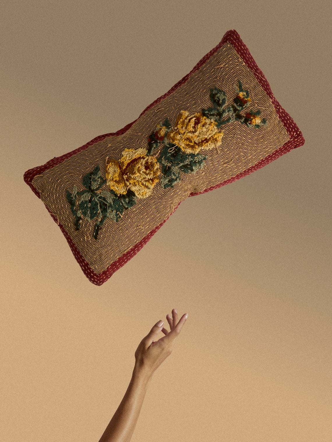 By Walid - 1920s Needlepoint Wool and Damask Cushion (17.5in/45cm) - Multiple - ABASK