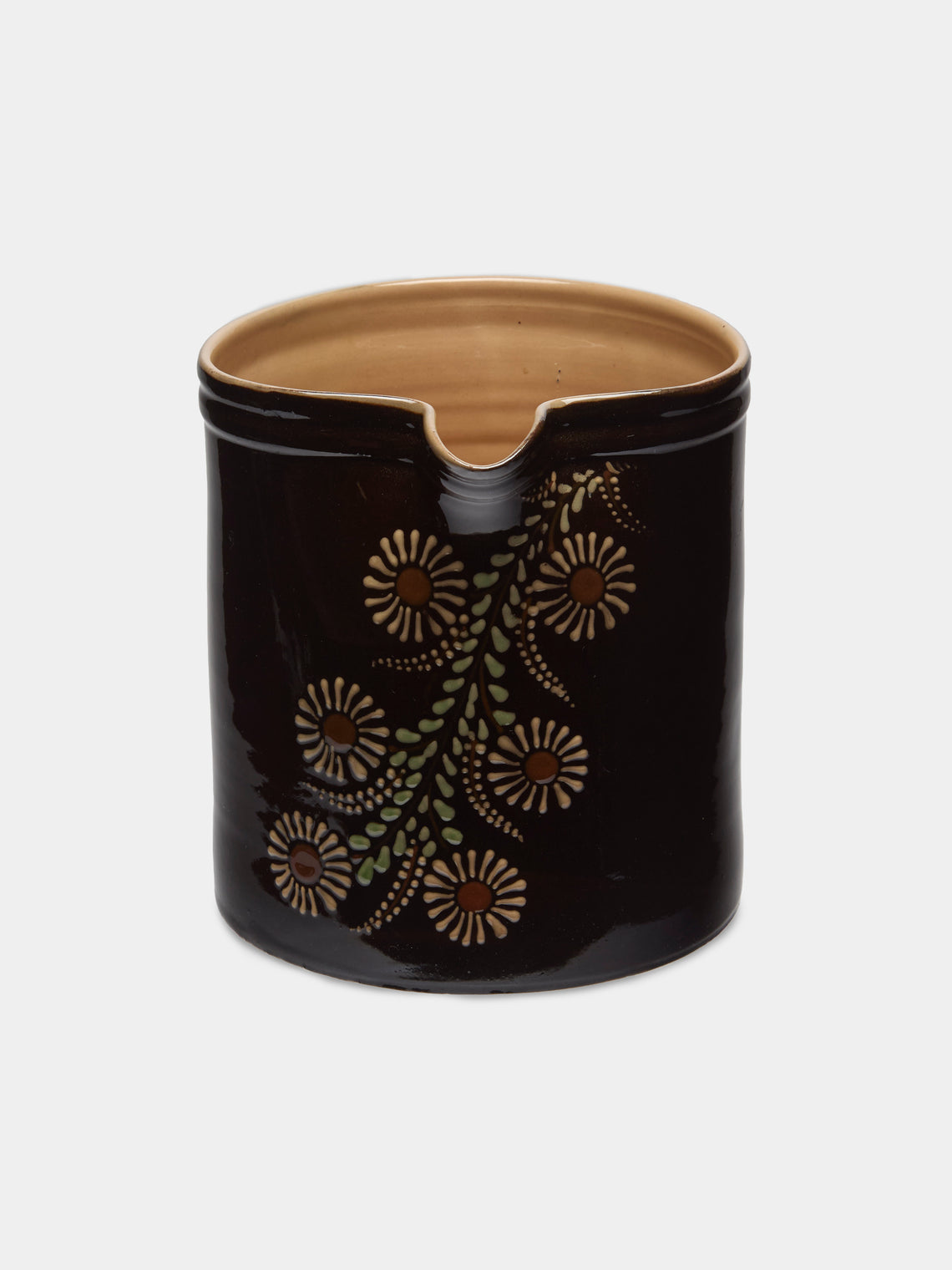 Poterie d’Évires - Flowers Hand-Painted Ceramic Straight-Edge Jug (70.5oz/2L) - Dark brown - ABASK