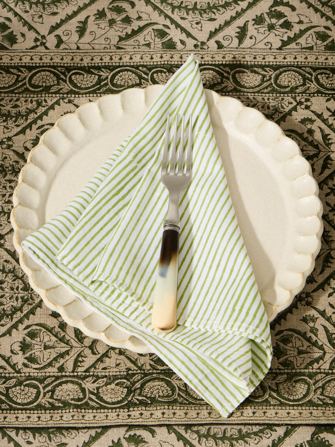Chamois - | Set of 8 | Stripe Block-Printed Cotton Napkins - Green - ABASK
