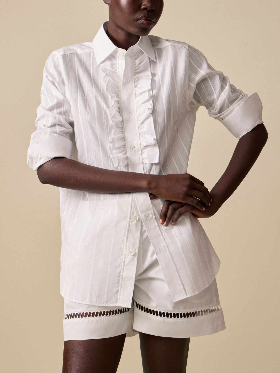 Sebline - Women's Ruffle Cotton Shirt | Size: S - White - ABASK