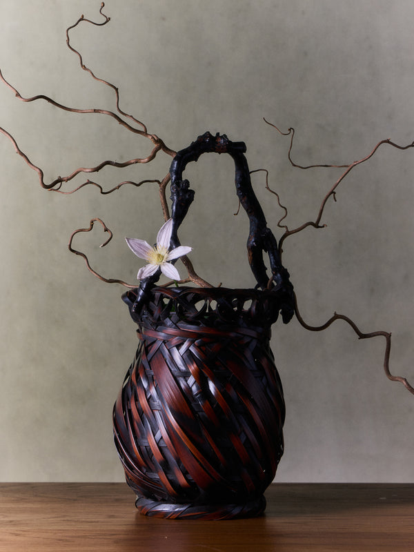 Antique and Vintage - Mid-Century Japanese Bamboo Ikebana Basket - Brown - ABASK