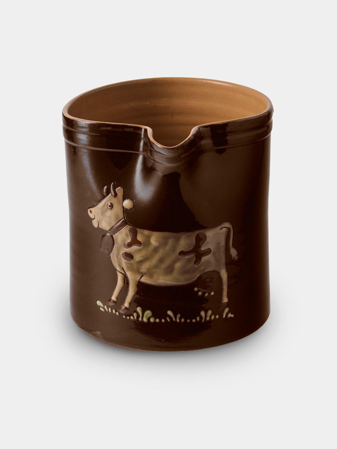 Poterie d’Évires - Cows Hand-Painted Ceramic Straight-Edge Medium Jug - Dark Brown - ABASK