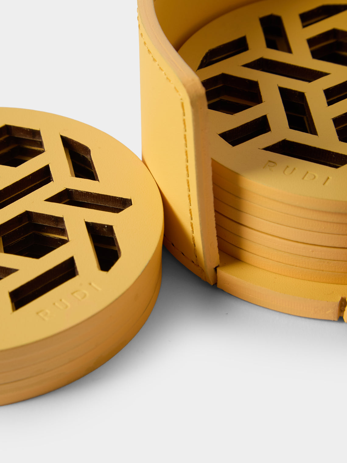 RUDI - | Set of 12 | Acquerello Leather Coasters with Holder - Yellow - ABASK