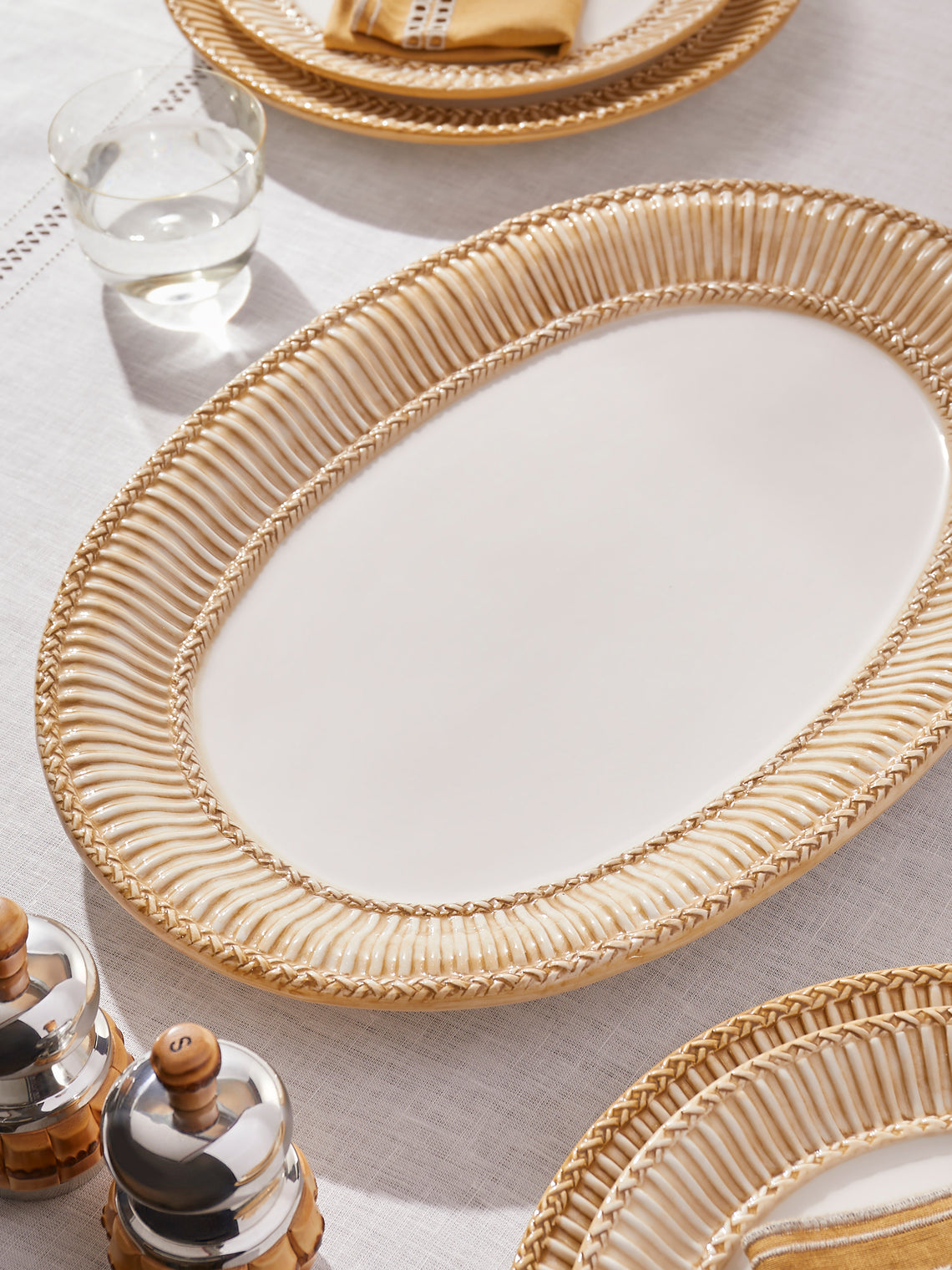 Tessalume Ceramiche - Wicker Hand-Painted Ceramic Oval Platter - White - ABASK