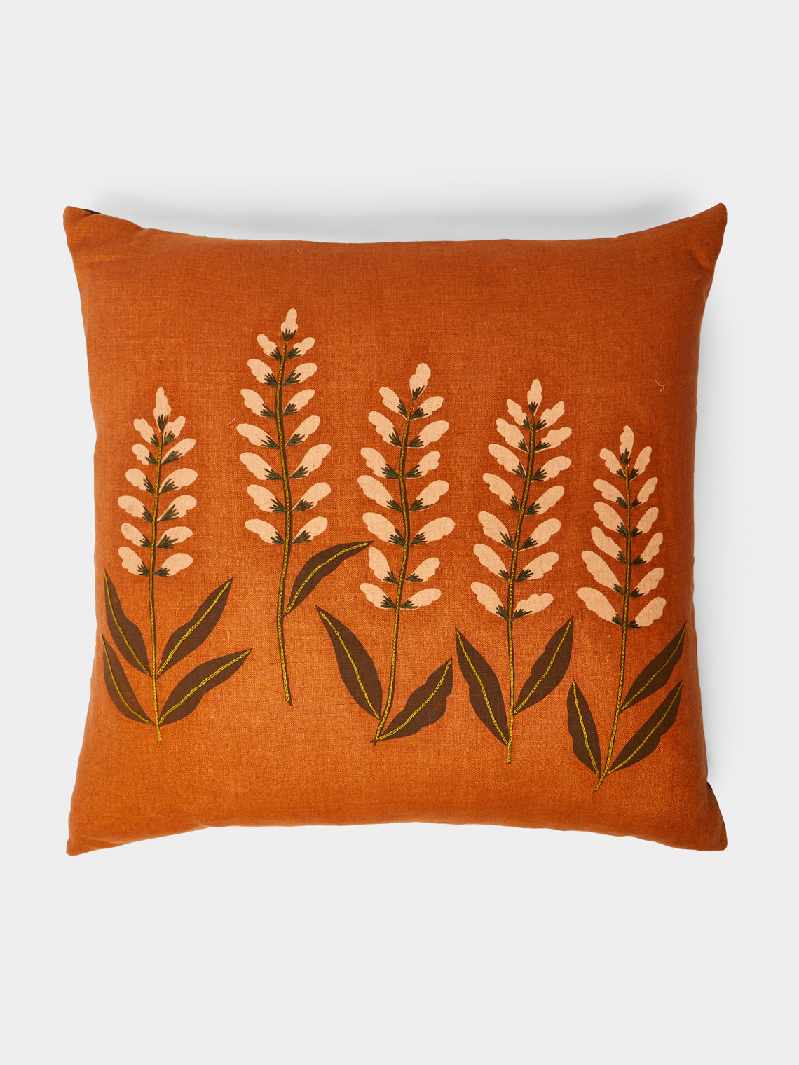 Rosemary Milner - Floral Hand-Embroidered Linen Cushion (19.5in/50cm) - Orange - ABASK - 