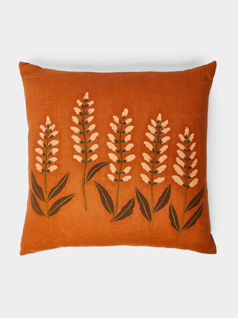 Rosemary Milner - Floral Hand-Embroidered Linen Cushion (19.5in/50cm) - Orange - ABASK - 