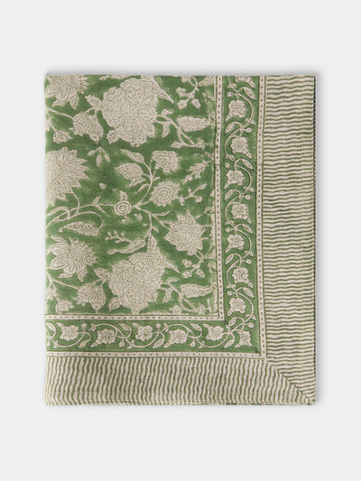 Chamois - Parrot Block-Printed Linen Rectangular Tablecloth (138in/3.5m) - Green - ABASK - 