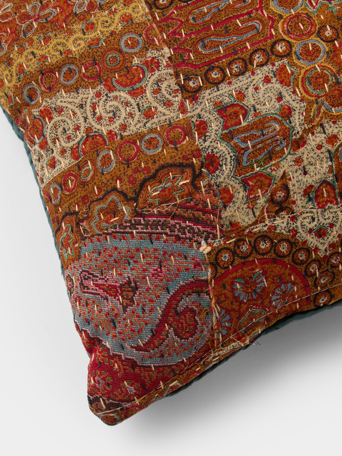 By Walid - 19th-Century Paisley Patchwork Wool and Linen Cushion (16.5in/42cm) - Multiple - ABASK