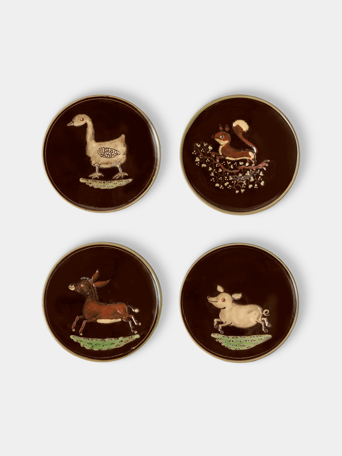 Poterie d’Évires - Animals Hand-Painted Ceramic Plates – 5.5in/14cm (Set of 4) - Dark Brown - ABASK - 