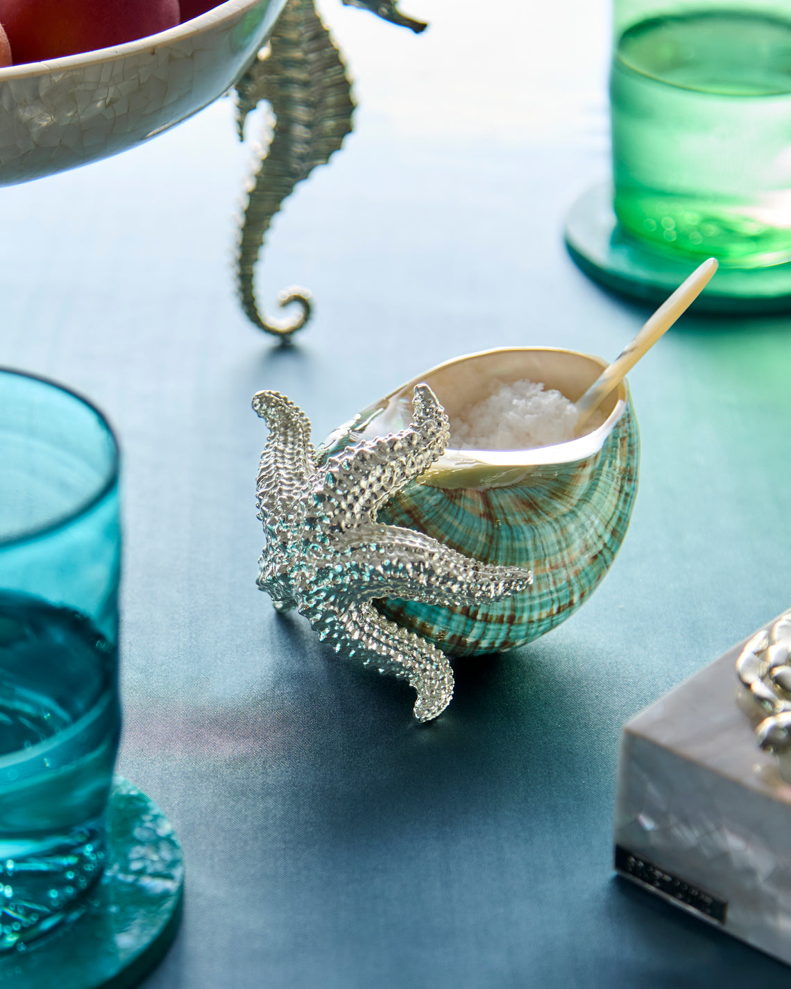 Objet Luxe - Starfish Silver-Plated Salt and Pepper Cellar with Mother-of-Pearl Spoon - Blue - ABASK