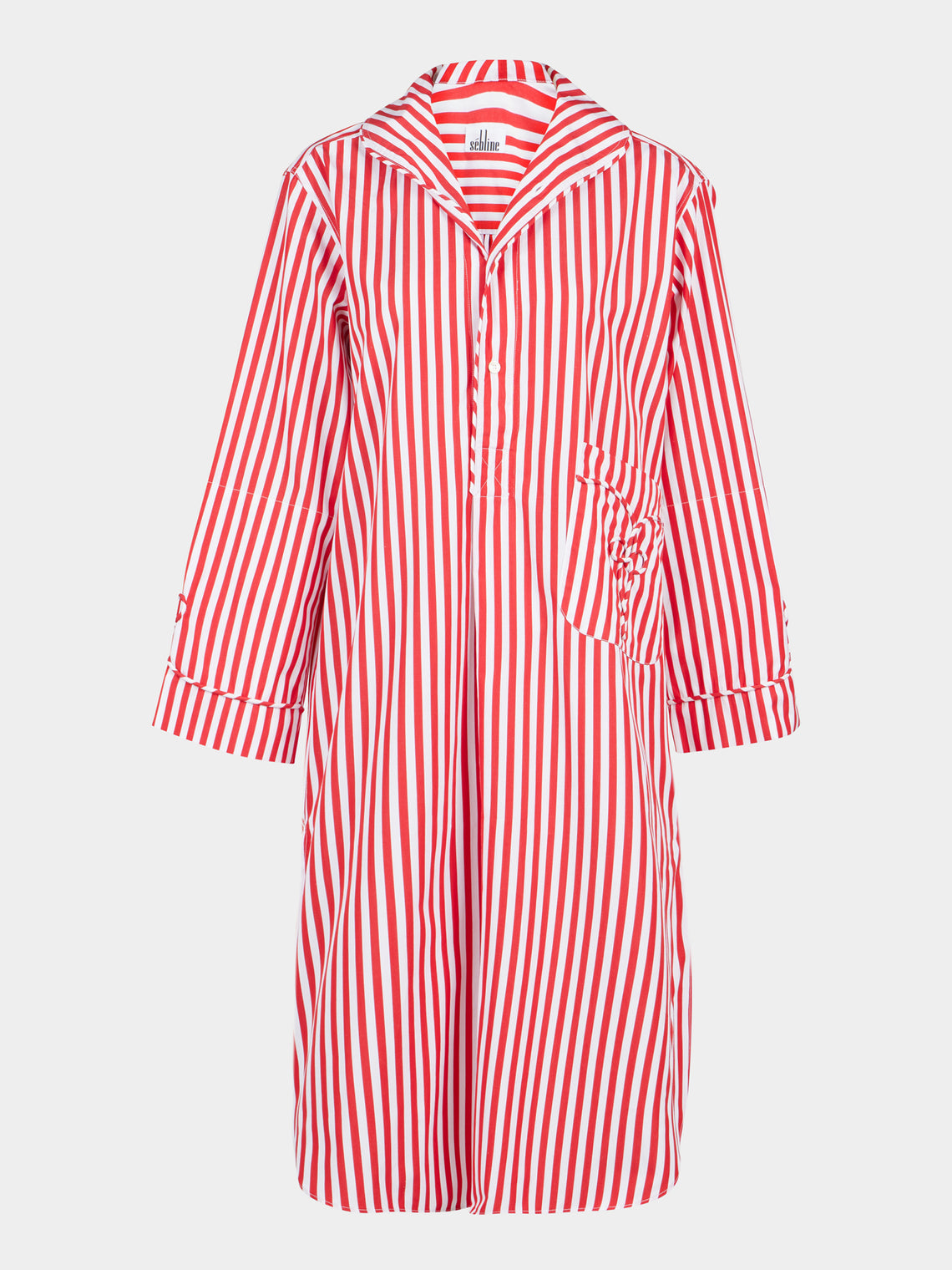 Sebline - Frogging Hand-Embroidered Cotton Pajama Shirt Dress - Red - ABASK - 