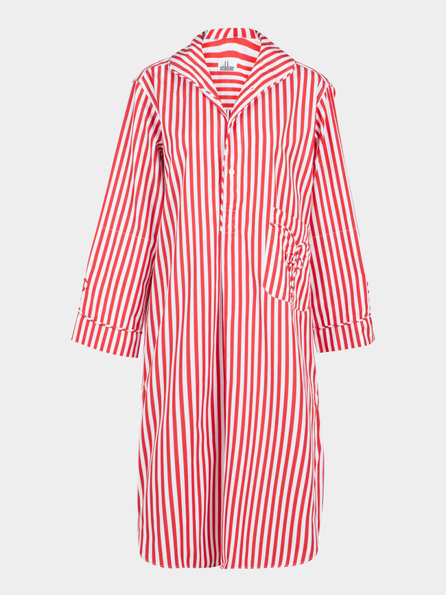 Sebline - Frogging Hand-Embroidered Cotton Pajama Shirt Dress - Red - ABASK - 