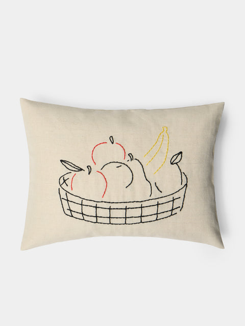 Oeuvres Sensibles - Fruit Bowl Hand-Embroidered Cotton and Hemp Cushion (15.5in/40cm) - Cream - ABASK - 