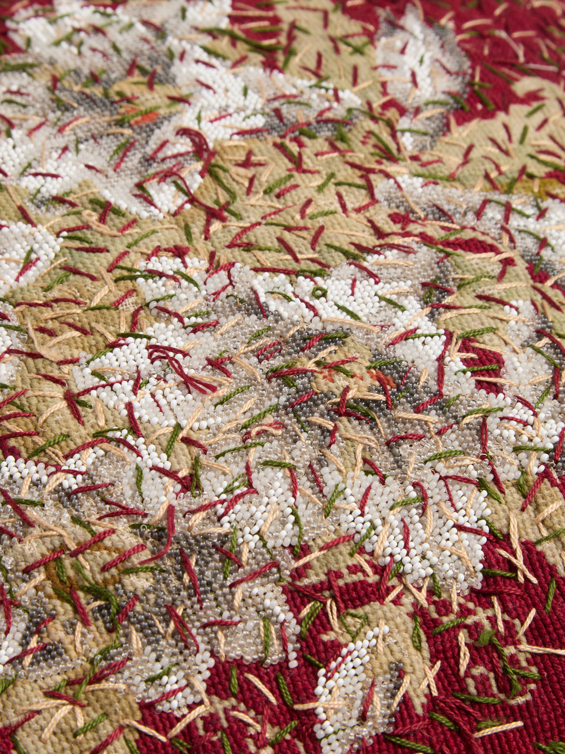 By Walid - 19th-Century Beaded Needlepoint Wool and Linen Cushion (17.5in/45cm) - Multiple - ABASK