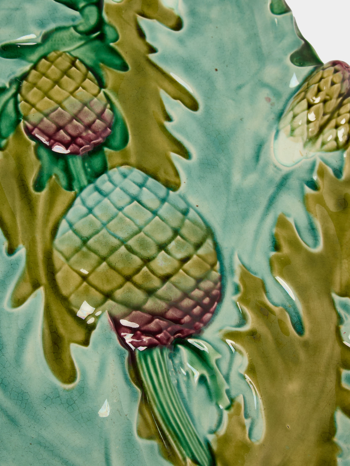 Antique and Vintage - Mid-Century Majolica Ceramic Asparagus Serving Plate (14.5in/37cm) - Light Blue - ABASK