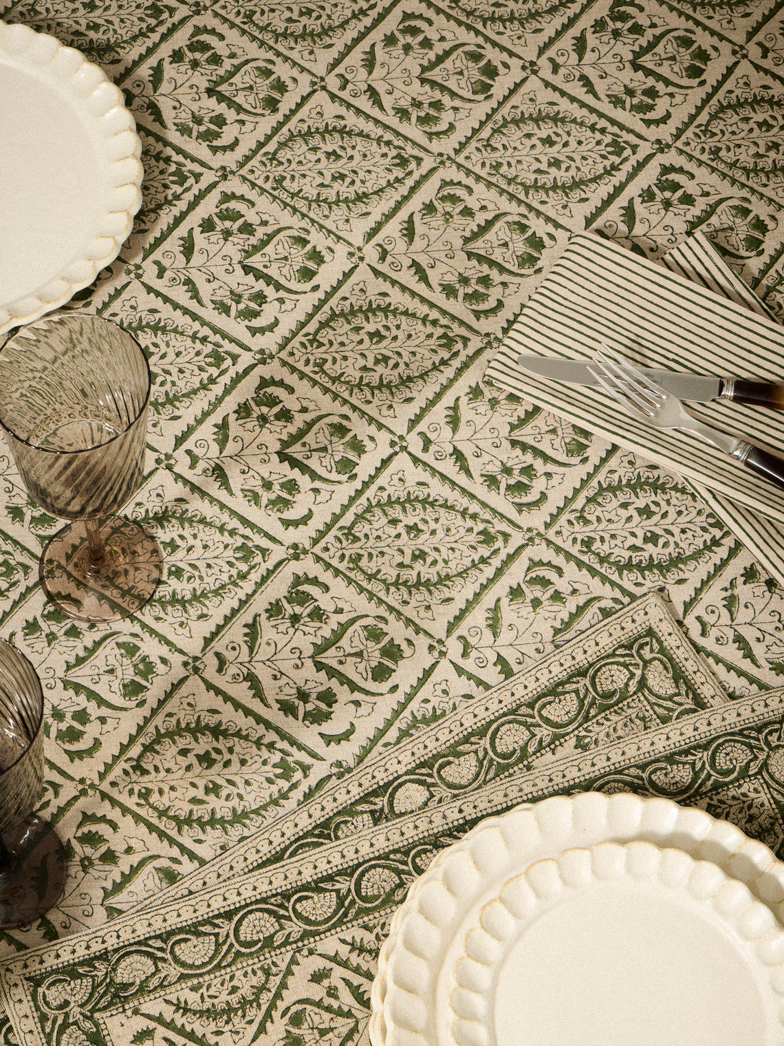 Chamois - Jaipur Block-Printed Linen Rectangular Tablecloth (106.5in/2.7m) - Green - ABASK
