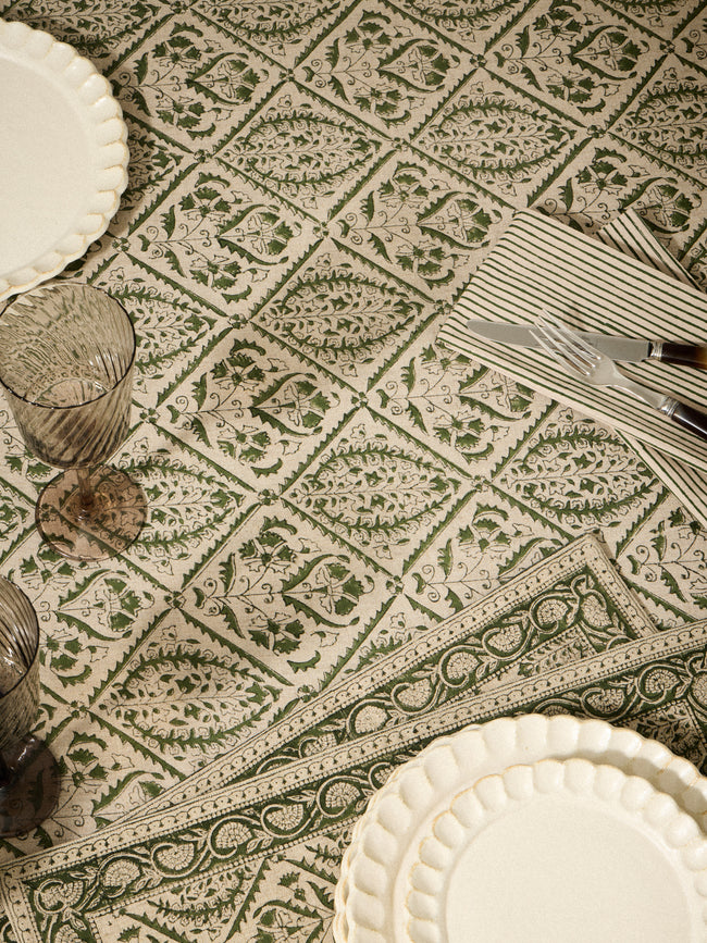 Chamois - Jaipur Block-Printed Linen Rectangular Tablecloth (106.5in/2.7m) - Green - ABASK