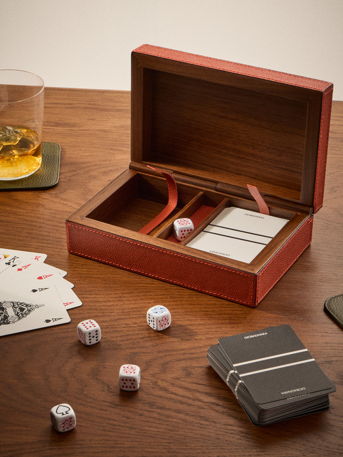 Giobagnara - Leather Royal Dice and Playing Cards Set - Red - ABASK