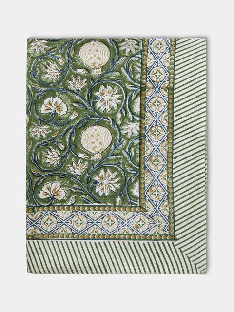 Chamois - Tangier Pomegranate Block-Printed Cotton Rectangular Tablecloth (90.5in/2.3m) - Green - ABASK - 