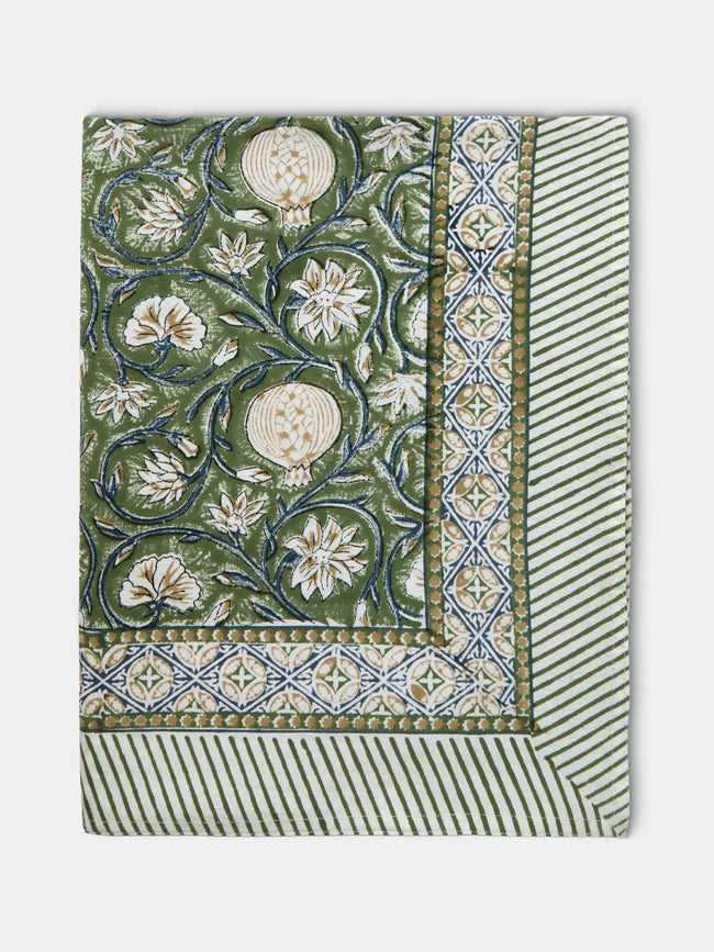 Chamois - Tangier Pomegranate Block-Printed Cotton Rectangular Tablecloth (90.5in/2.3m) - Green - ABASK - 