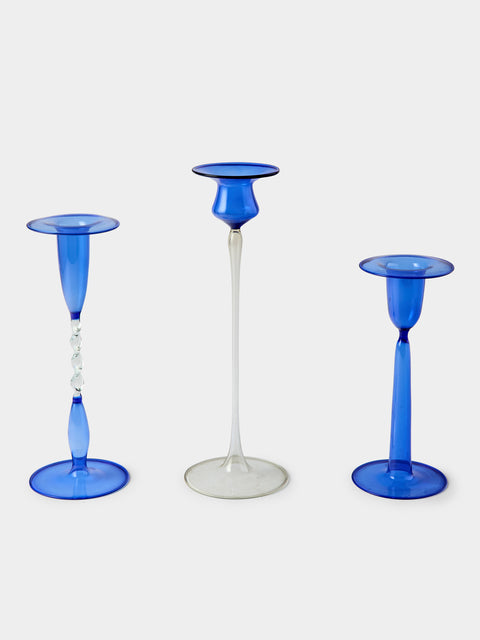 Antique and Vintage - Mid-Century Glass Candle Holders (Set of 3) - Blue - ABASK - 