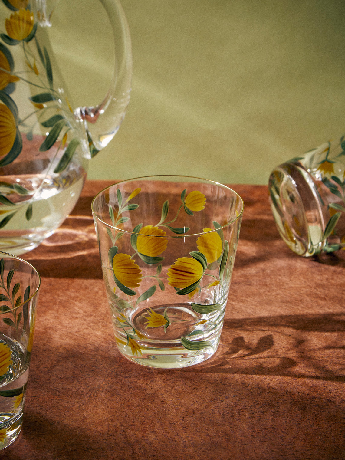 Los Vasos de Agua Clara - Jaipur Hand-Painted Crystal Tumblers (Set of 6) - Yellow - ABASK