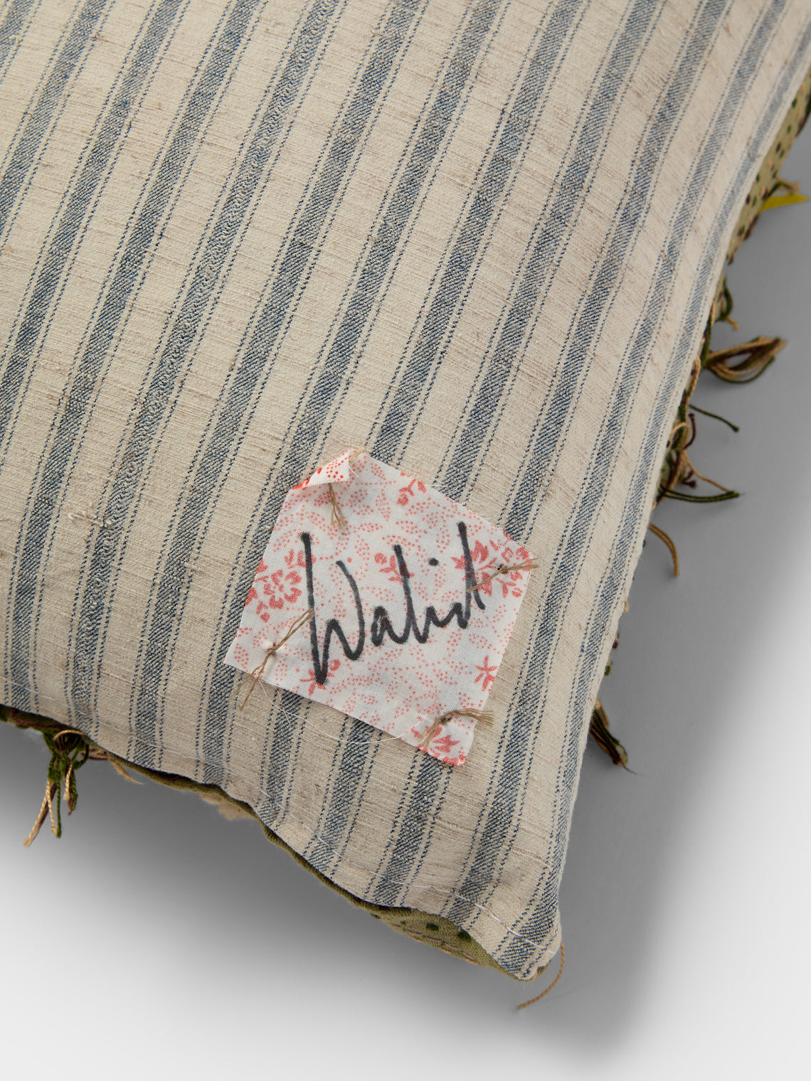 By Walid - 1920s French Needlepoint Wool and Ticking Fabric Cushion (18.5in/47cm) - Multiple - ABASK