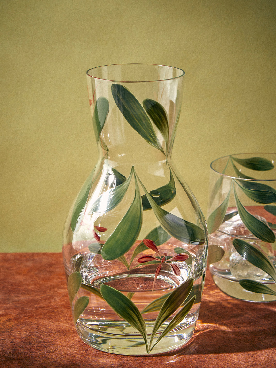 Los Vasos de Agua Clara - Dragonfly Hand-Painted Crystal Carafe and Tumbler - Green - ABASK