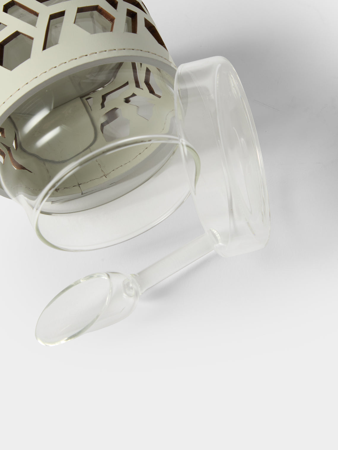 RUDI - Fiordaliso Glass and Leather Sugar Bowl with Spoon - White - ABASK