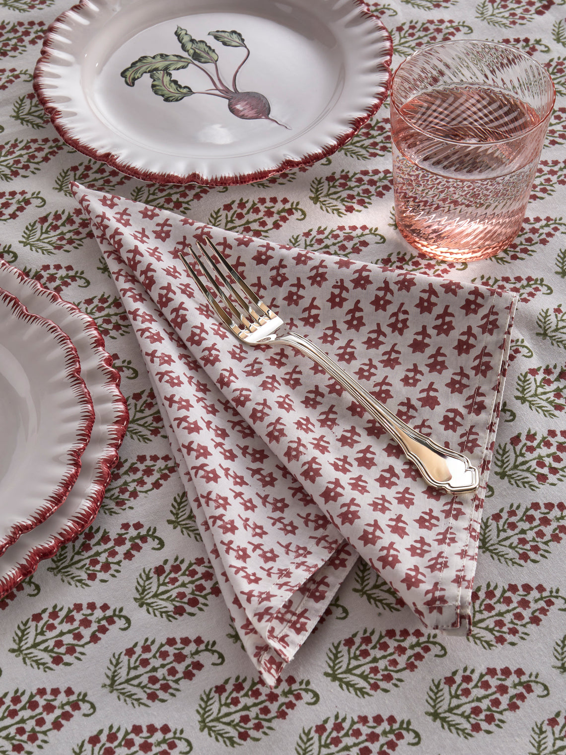 Chamois - Dancing Star Block-Printed Cotton Napkins (Set of 8) - Red - ABASK