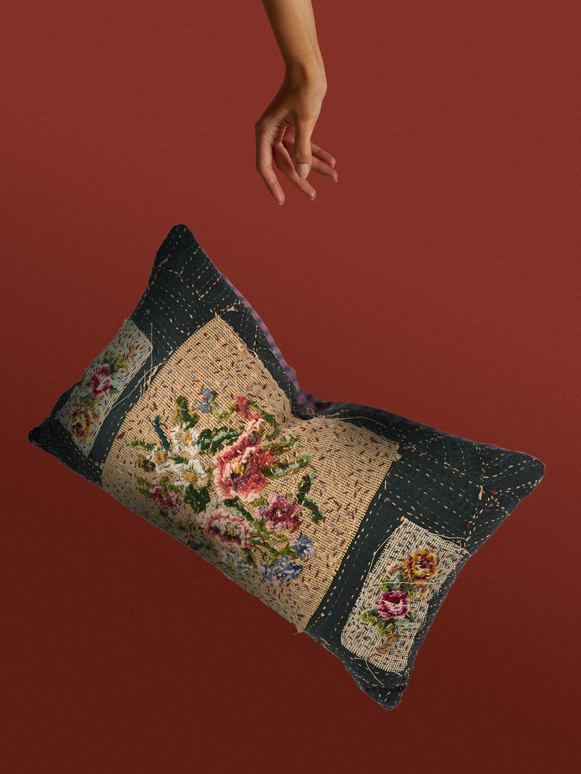 By Walid - 19th-Century Needlepoint Wool and French Ticking Fabric Cushion (19.5in/50cm) - Multiple - ABASK