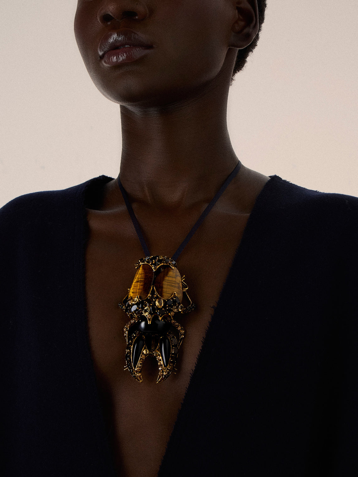 Mahnaz Collection - Vintage Gold-Plated Brass and Tiger's Eye Brooch Pendant - Brown - ABASK