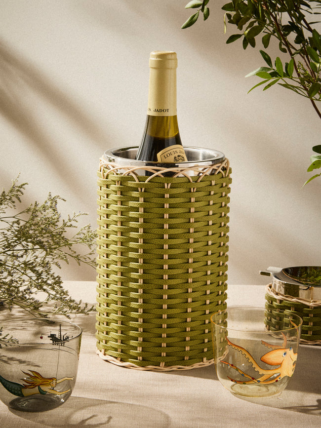 Pigment France - Menton Leather and Rattan Bottle Cooler - Green - ABASK