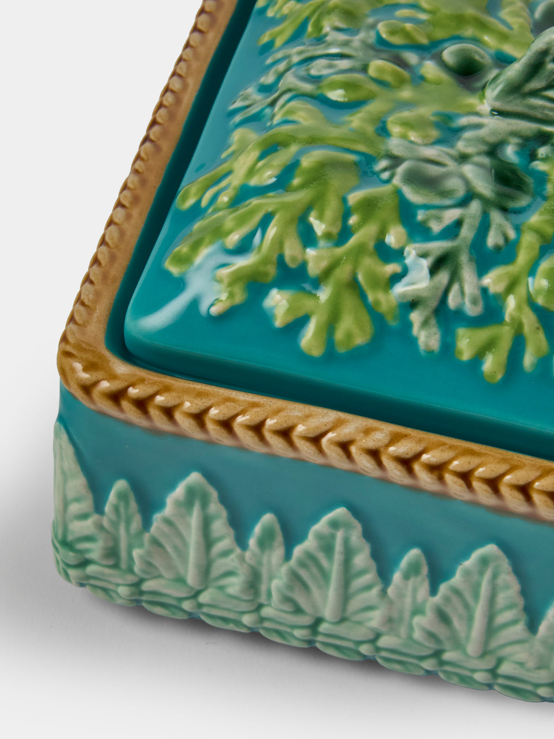 Verdolini - Leaves Hand-Painted Majolica Ceramic Box - Blue - ABASK