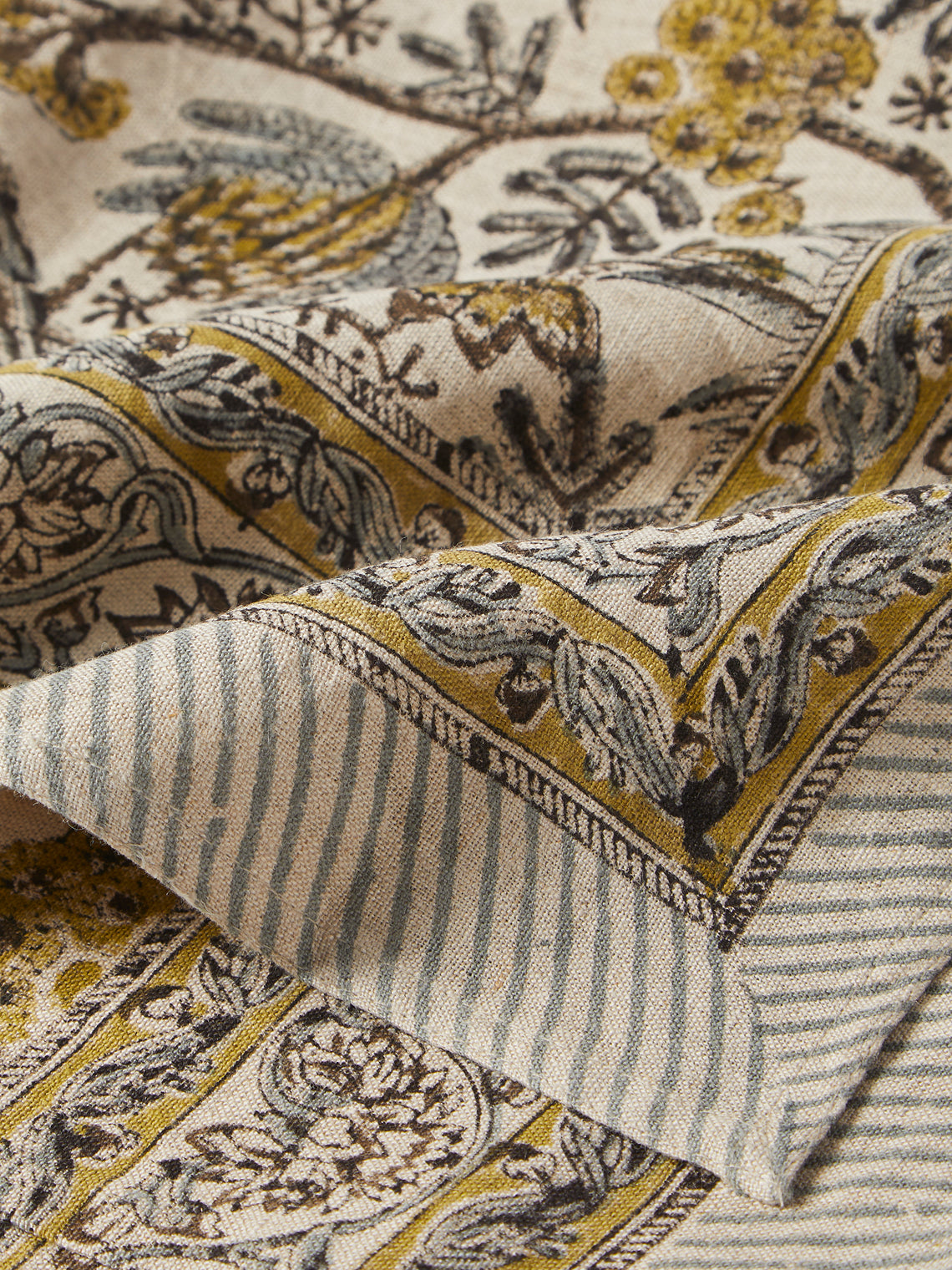 Chamois - Parrot Block-Printed Linen Rectangular Tablecloth (90.5in/2.3m) - Natural - ABASK