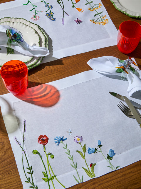 Taf Firenze - | Set of 6 | Summer Floral Hand-Embroidered Linen Placemats - White - ABASK