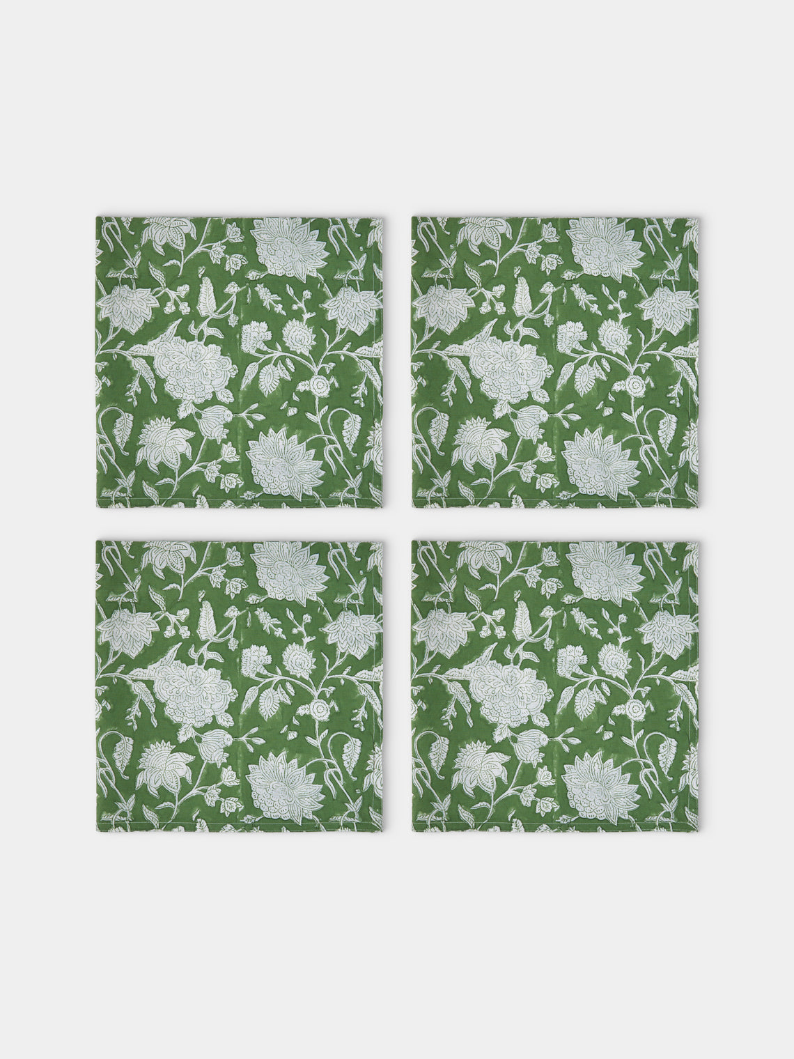 Chamois - Indian Rose Block-Printed Linen Napkins (Set of 4) - Green - ABASK - 