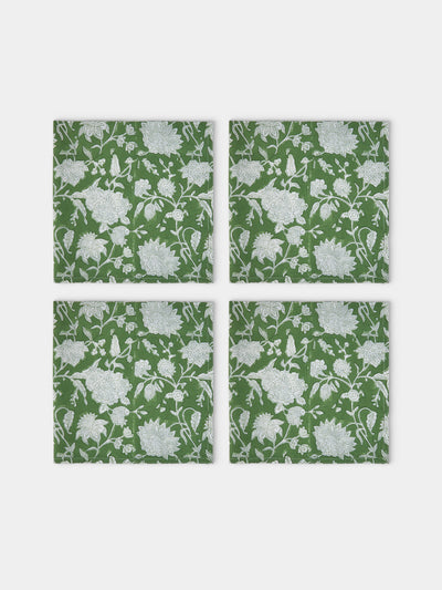 Chamois - Indian Rose Block-Printed Linen Napkins (Set of 4) - Green - ABASK - 