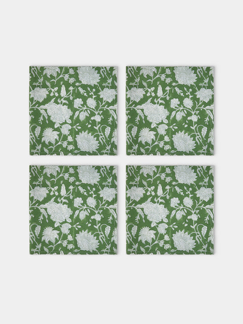 Chamois - Indian Rose Block-Printed Linen Napkins (Set of 4) - Green - ABASK - 
