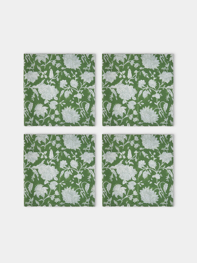 Chamois - Indian Rose Block-Printed Linen Napkins (Set of 4) - Green - ABASK - 