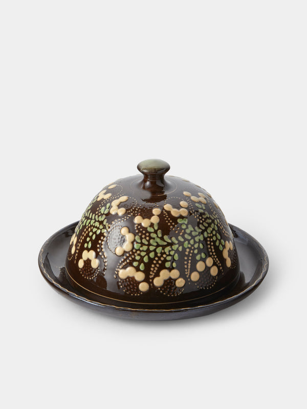Poterie d’Évires - Flowers Hand-Painted Ceramic Butter Dish - Dark Brown - ABASK - 