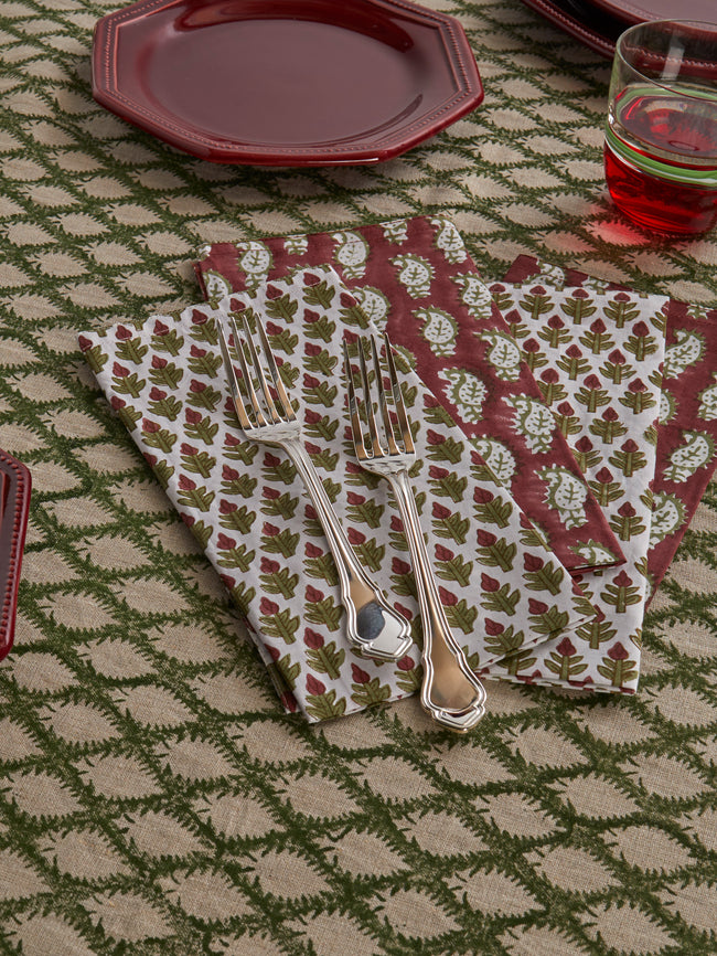 Chamois - Paisley Hyacinth Block-Printed Cotton Napkins (Set of 8) - Red - ABASK